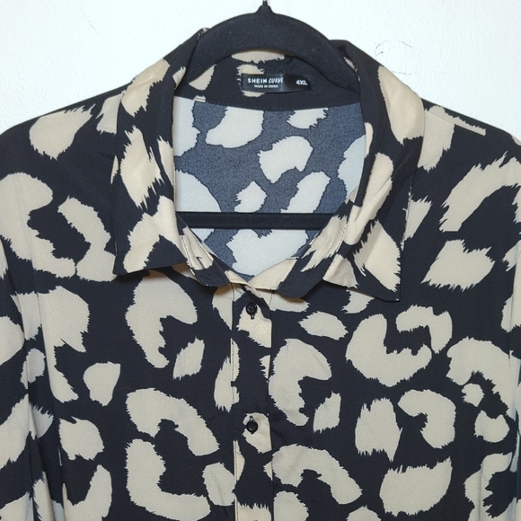 SHEIN Black + Cream Leopard Print Shirt Dress Button Front Women's Size 4XL - Picture 3 of 5